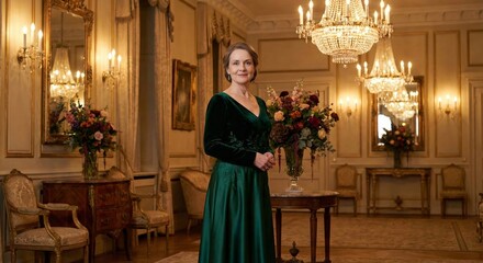 Elegant Woman in Ballroom, Poised Expression, Graceful, Glamorous