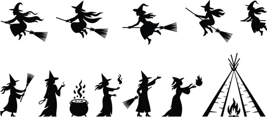 Set of witch silhouettes flying on broomsticks magic ritual poses Halloween witchcraft black vector icons isolated on white background illustration © Bokul Creatives