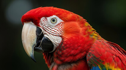 Fototapeta premium Vibrant Scarlet Macaw Portrait: Detailed Close-up of an Exotic Tropical Bird's Face