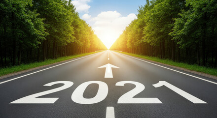 Forward Direction Road With 2021 Message Representing Vision and Strategy Achievement in Business