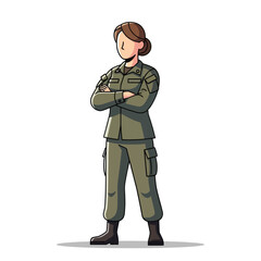 Obraz premium Female soldier with crossed arms, military uniform, confident stance, cartoon illustration