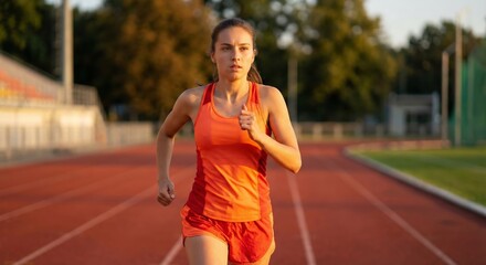 Woman Running Track, Determined Athlete Training, Fitness Progress