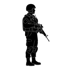 Silhouette of Soldier in Combat Gear Holding Rifle, Standing Ready
