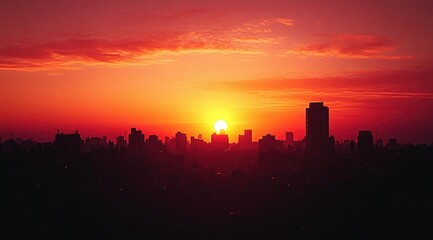 sunset over silhouetted city skyline with a prominent high-rise, glowing orange-red sky and wispy clouds conveying a warm, peaceful, dramatic evening mood