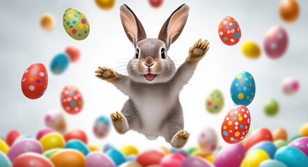 Cheerful playful brown rabbit jumping with outstretched paws and smiling face, surrounded by colorful polka-dotted eggs in a bright springtime celebration
