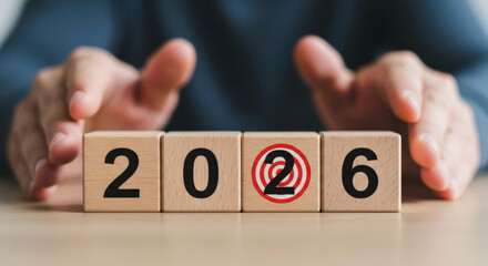Future Business Strategy Goal with Number 2026 Year on Wooden Blocks Success Plan Target Solution Vision Mission Achievement Focus