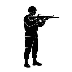 Fototapeta premium Soldier Silhouette Holding Rifle, Military Action, Combat Ready, Armed Forces, Weapon