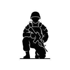 Fototapeta premium Soldier Silhouette, Kneeling with Rifle, Military Combat Gear, Warrior Icon