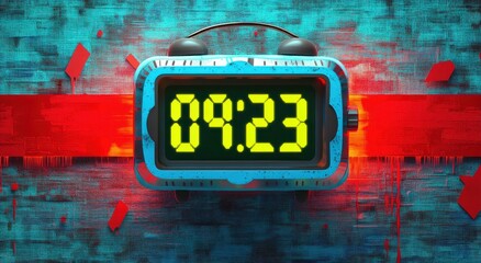 blue retro alarm clock with glowing yellow digital display reading 09:23 mounted on a grungy teal wall with a bold red paint stripe, scattered red shards and an urgent dramatic mood