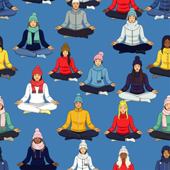 Seamless pattern of diverse people in winter clothing meditating in lotus pose on blue background