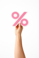 Hand Holding Pink Percentage Sign on White Background