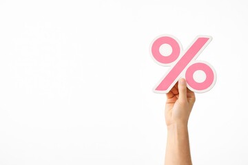 Hand Raising Pink Percentage Symbol with Copy Space