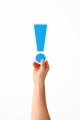 Raised Hand Holding Blue Exclamation Mark Sign on White Background