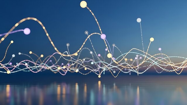 Abstract data visualization with flowing lines and glowing dots against a blue background - Powered by Adobe
