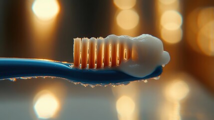 Close-up of a blue toothbrush with white toothpaste on bristles, water droplets on the handle and warm golden bokeh lights creating a calm fresh mood