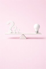 Question Marks and Idea Bulb on Seesaw, Soft Pink Background