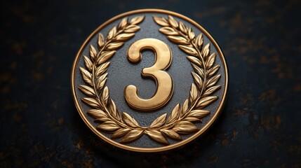 golden medallion with embossed number three and laurel wreath on dark textured background conveying pride and achievement