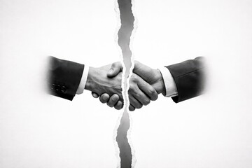 Torn paper splitting business handshake, broken partnership concept