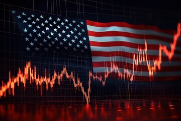 Waving American flag behind a volatile red stock market line graph, conveying tension and economic uncertainty