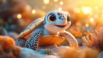 adorable baby sea turtle smiling on a colorful coral reef under warm golden bokeh light, curious and playful expression