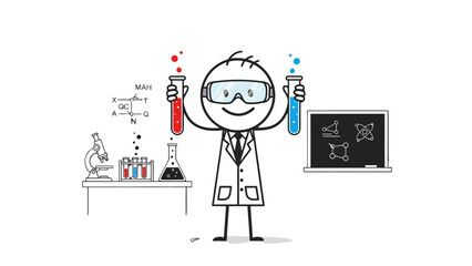 Happy stick figure scientist in lab coat and goggles holding test tubes, surrounded by laboratory equipment in a bright studio.
