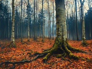 Misty autumn forest with towering pale trunks and a moss-covered tree with sprawling roots over a carpet of red leaves, evoking quiet mystery and solitude