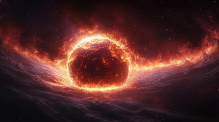 A massive burning spherical planet encircled by a blazing ring and glowing nebula above dark cosmic clouds, evoking awe and ominous intensity