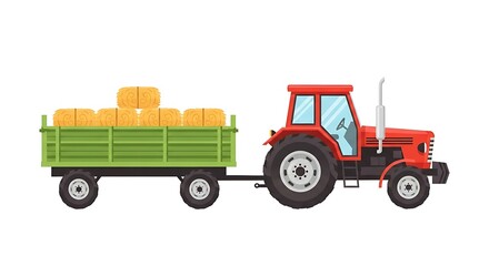 Naklejka premium Red tractor pulling green trailer with hay bales through rural landscape