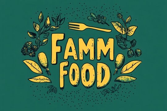 Playful rustic yellow hand-drawn lettering "FAMM FOOD" with a fork, assorted leaves, herbs and root vegetables on a green background, cheerful organic vibe