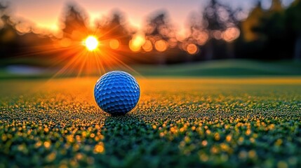 Close-up golf ball on dewy putting green at golden sunrise with sunburst, glowing bokeh and silhouetted trees conveying peaceful early morning calm