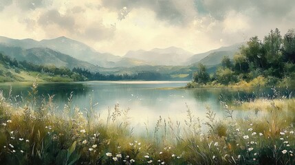 tranquil mountain lake with wildflower-lined grassy shore, tree-covered banks, misty distant hills and soft cloudy sky reflected on calm water