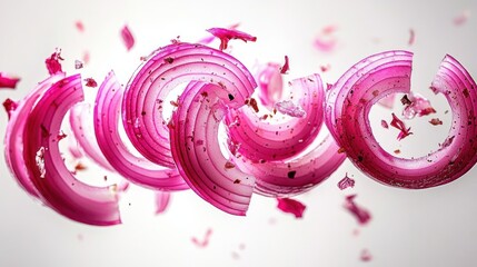 Vibrant sliced red onion rings and scattered flakes suspended mid-air, layered translucent arcs in dynamic playful motion conveying freshness and energy