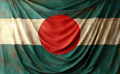 worn teal fabric flag with central white horizontal stripe and large red circular disc, draped and creased with vintage weathered texture conveying a nostalgic solemn mood