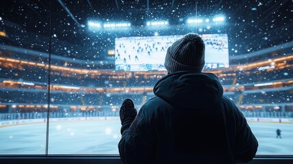 Spectator in knit hat and winter coat watching snowy ice rink through glass in illuminated arena, feeling awe and quiet anticipation