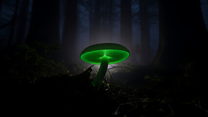 Bioluminescent mushroom glowing bright green in a dark, mysterious forest at night with fog