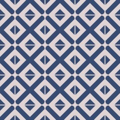 A blue and white seamless geometric pattern with decorative square shapes in a vintage style, suitable for wallpaper, fabric, or textile design