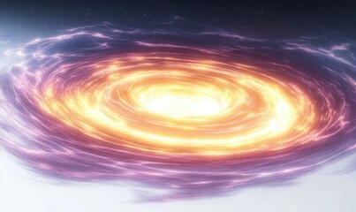 luminous golden spiral vortex with fiery bright core and swirling purple and pink gas clouds beneath a starry sky, evoking awe and cosmic energy