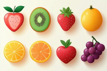 Fototapeta premium playful colorful arrangement of three strawberries, kiwi slice, lemon and orange slices, a whole orange and a purple grape bunch conveying a fresh cheerful mood