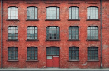 Fototapeta premium symmetrical red brick industrial building facade with three rows of arched multi-pane windows and a central red double door, evoking a quiet nostalgic urban mood