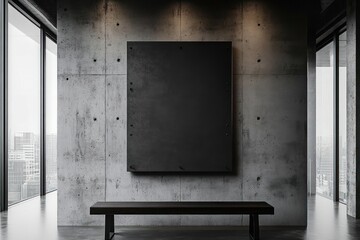 Fototapeta premium Minimalist industrial interior with textured concrete wall, large dark display panel, simple bench and floor-to-ceiling windows overlooking a distant city skyline, moody contemplative atmosphere