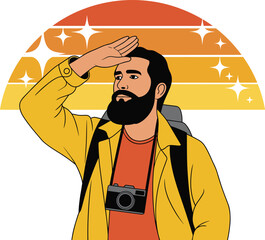 Man with Camera Shielding Eyes from Sunlight yellow jacket