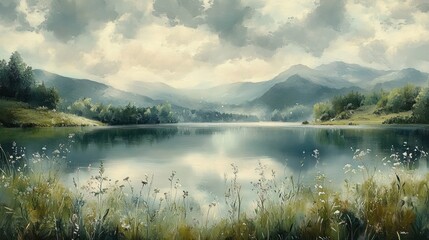 Naklejka premium Tranquil misty mountain lake reflecting a cloudy sky, framed by wildflowers and a grassy shoreline