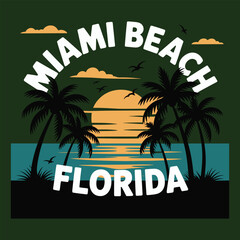 Miami Beach Florida sunset with palm trees and ocean