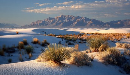 A vast expanse of white sand dunes stretches towards a backdrop of majestic mountains, illuminated by the soft glow of a serene desert sunset.