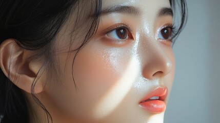Close-up of a woman's ear and dark hair with loose tendrils against a soft blue background, quiet and introspective mood