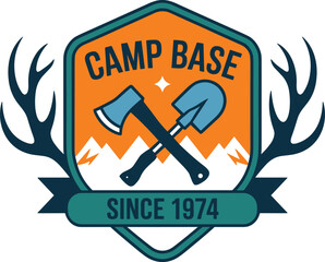 Orange Camp Base with Axe Shovel and Antlers Since 1974