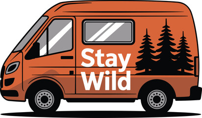 Orange Camper Van with Stay Wild Text and Forest trees