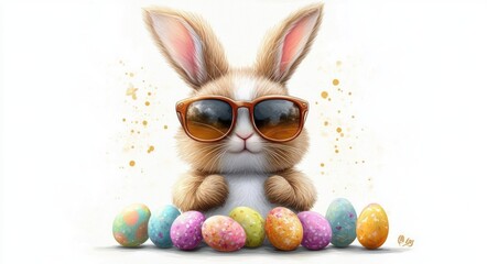 playful rabbit ears peeking above a row of colorful painted easter eggs with pastel splashes, cheerful whimsical spring celebration illustration