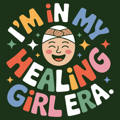 Smiling girl with bandage on head surrounded by colorful text and stars