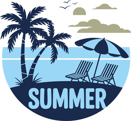 Summer beach scene with palm trees and lounge chairs